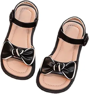 Baby Toddler Infant Sandals Square Open Toe Bow School Dress Shoes Adjustable Strap Slip On Flat Sandal (Black, 8 Toddler)