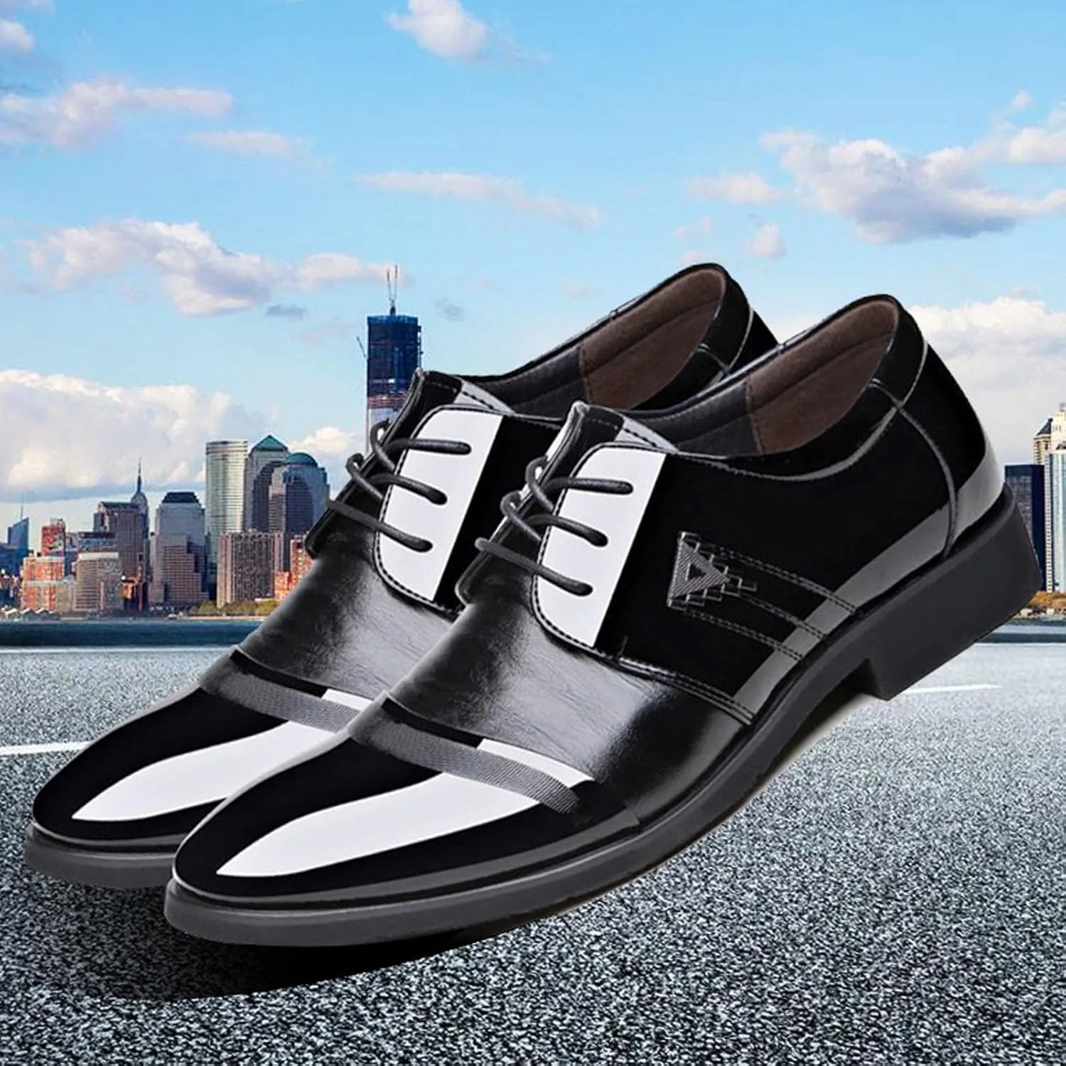Black Dress Shoes for Men Comfortable Men Breathable Business Formal Casual Pointed Toe Shiny Lace Up Patchwork Leather Shoes Mens Dark Brown Dress Shoes