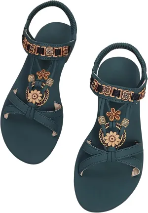 Bohemian Sandals Women Cute Wide Width Low Heel Wedge Sandals Dressy Summer Comfort Ankle Strap Beach Walking Sandal