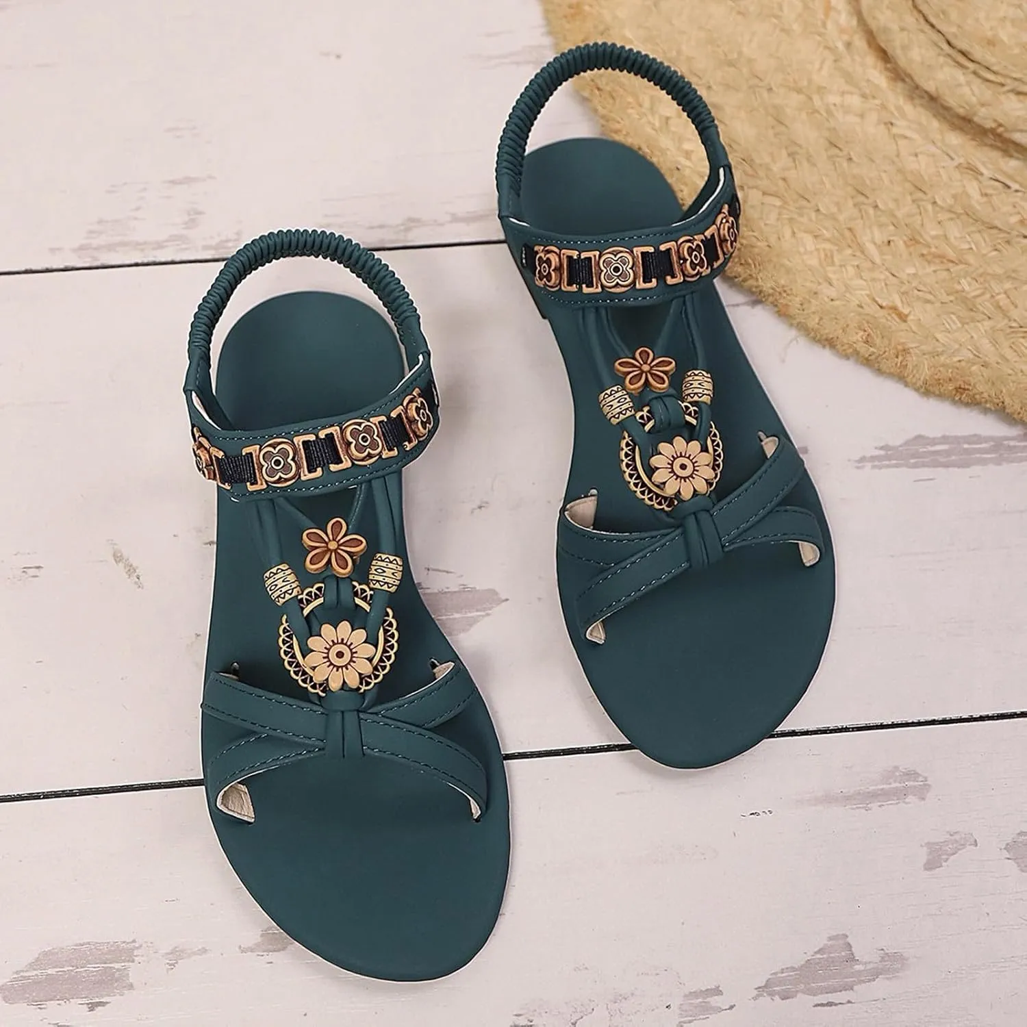 Bohemian Sandals Women Cute Wide Width Low Heel Wedge Sandals Dressy Summer Comfort Ankle Strap Beach Walking Sandal
