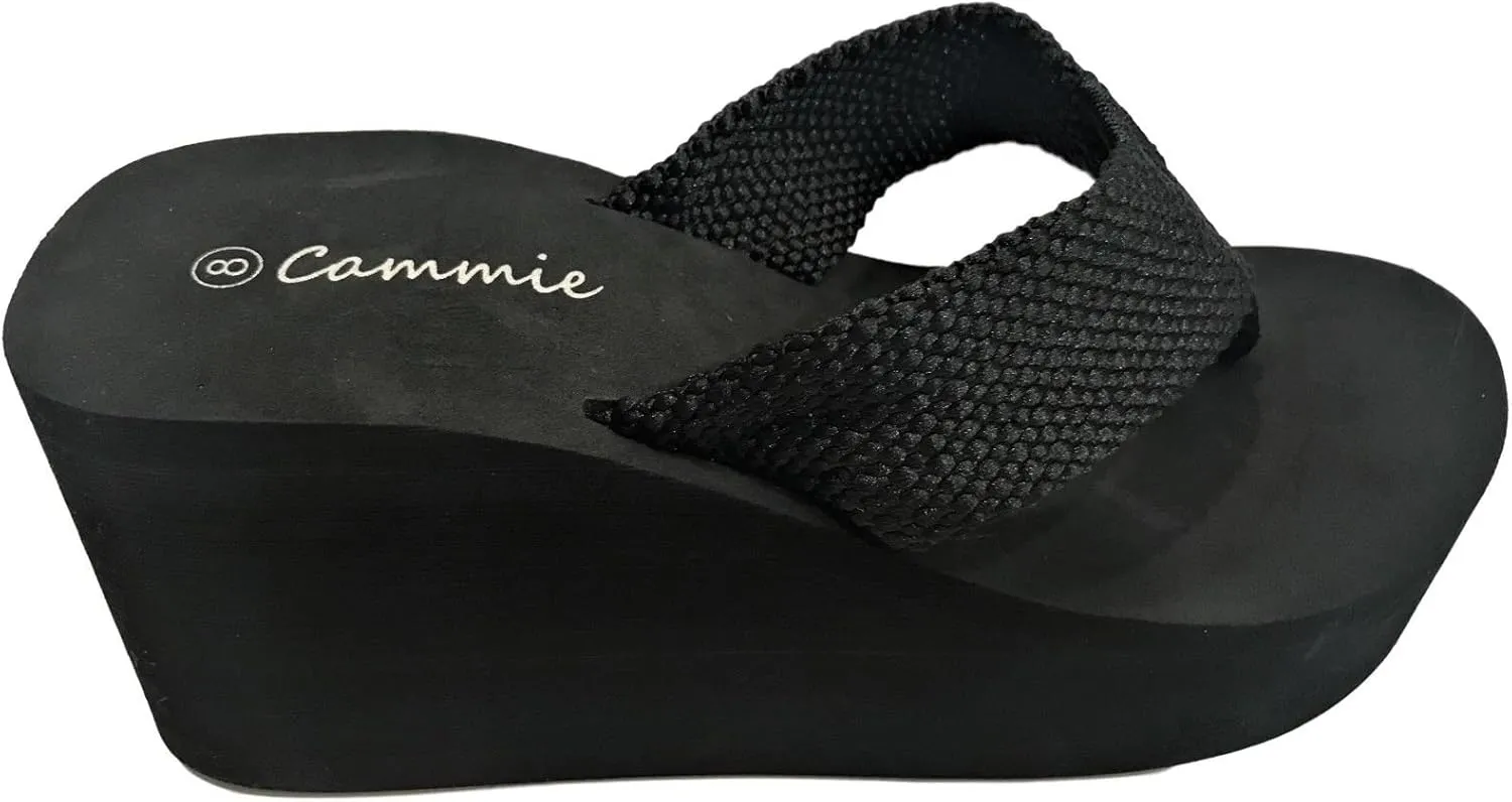 Cammie W-327 Women Platform Wedge Rhinestone Bling Slides Flip Flop Sandals Black (Black-No Rhinestones, numeric_6)