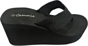 Cammie W-327 Women Platform Wedge Rhinestone Bling Slides Flip Flop Sandals Black (Black-No Rhinestones, numeric_6)