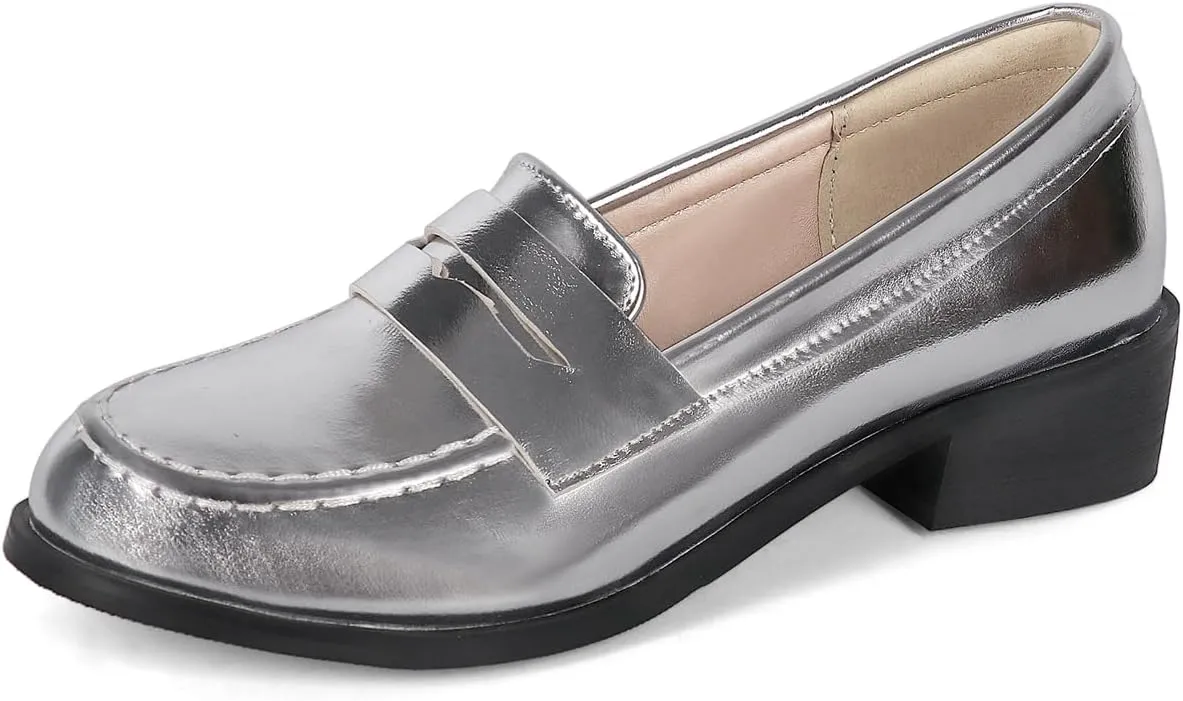 Caradise Women's Patent Leather Loafers Block Heel Slip On Casual Shoes