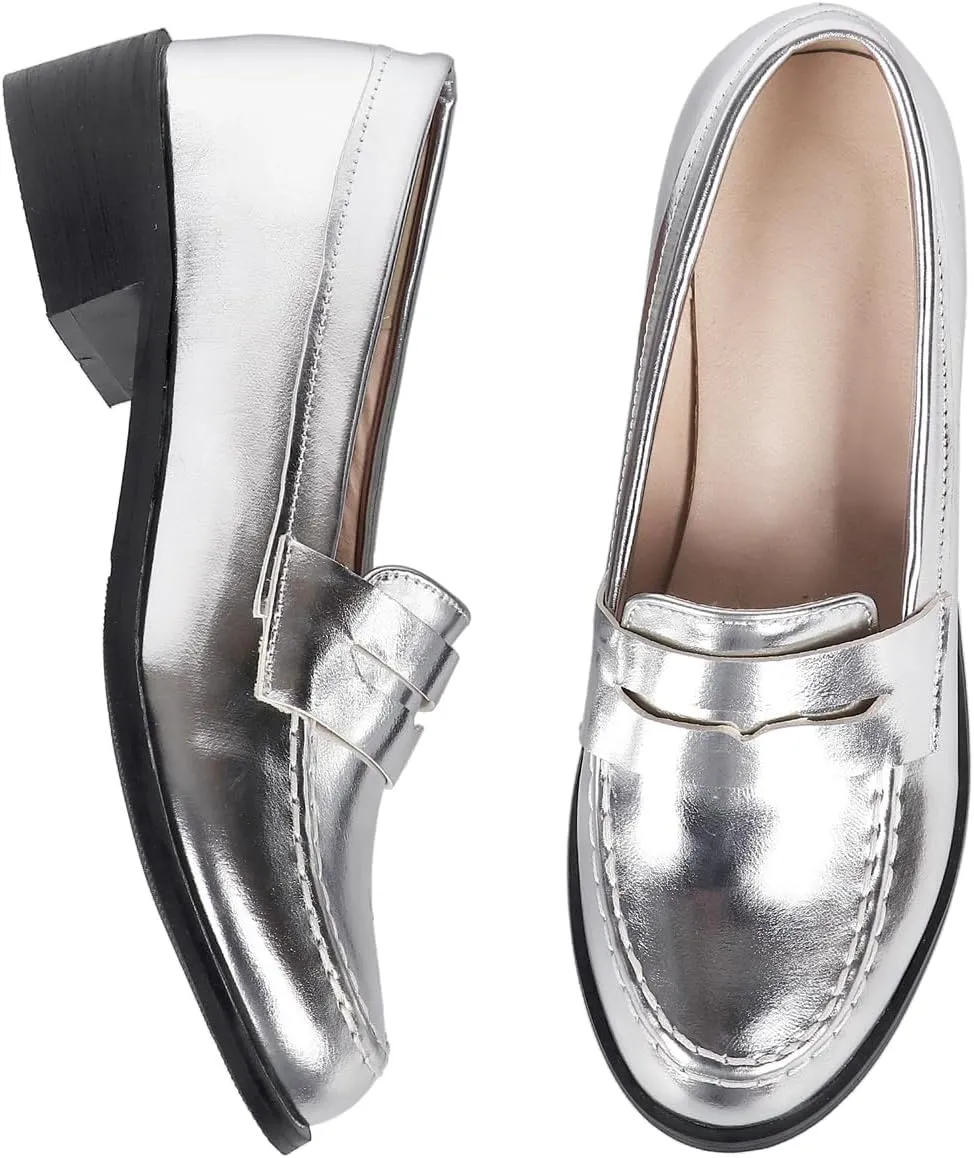 Caradise Women's Patent Leather Loafers Block Heel Slip On Casual Shoes