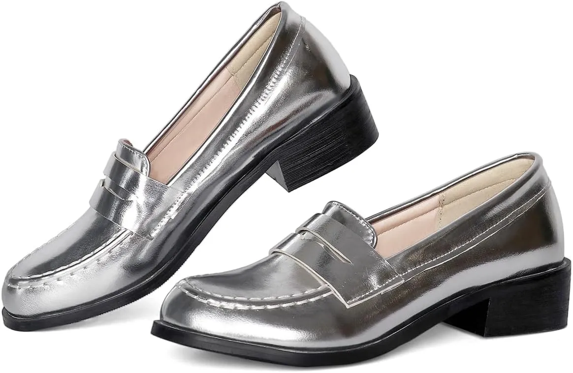 Caradise Women's Patent Leather Loafers Block Heel Slip On Casual Shoes
