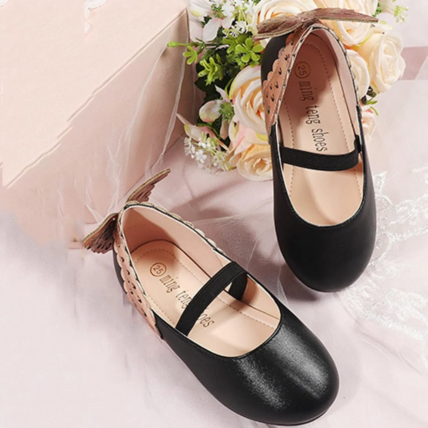 Children Girls' Loafers Sandals Leather Single Simple Wave Elastic Belt Shoes Children Butterfly Flat Dance Shoes
