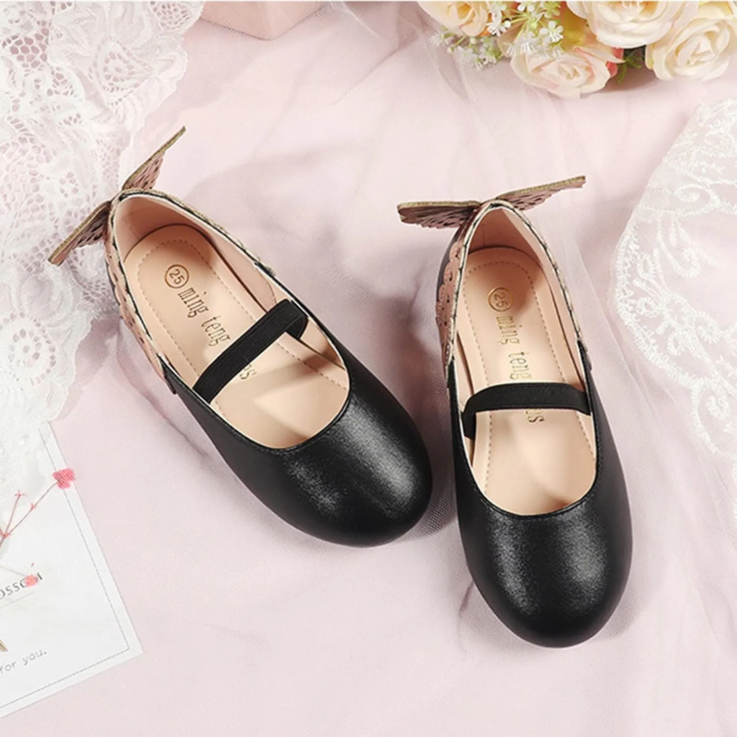 Children Girls' Loafers Sandals Leather Single Simple Wave Elastic Belt Shoes Children Butterfly Flat Dance Shoes