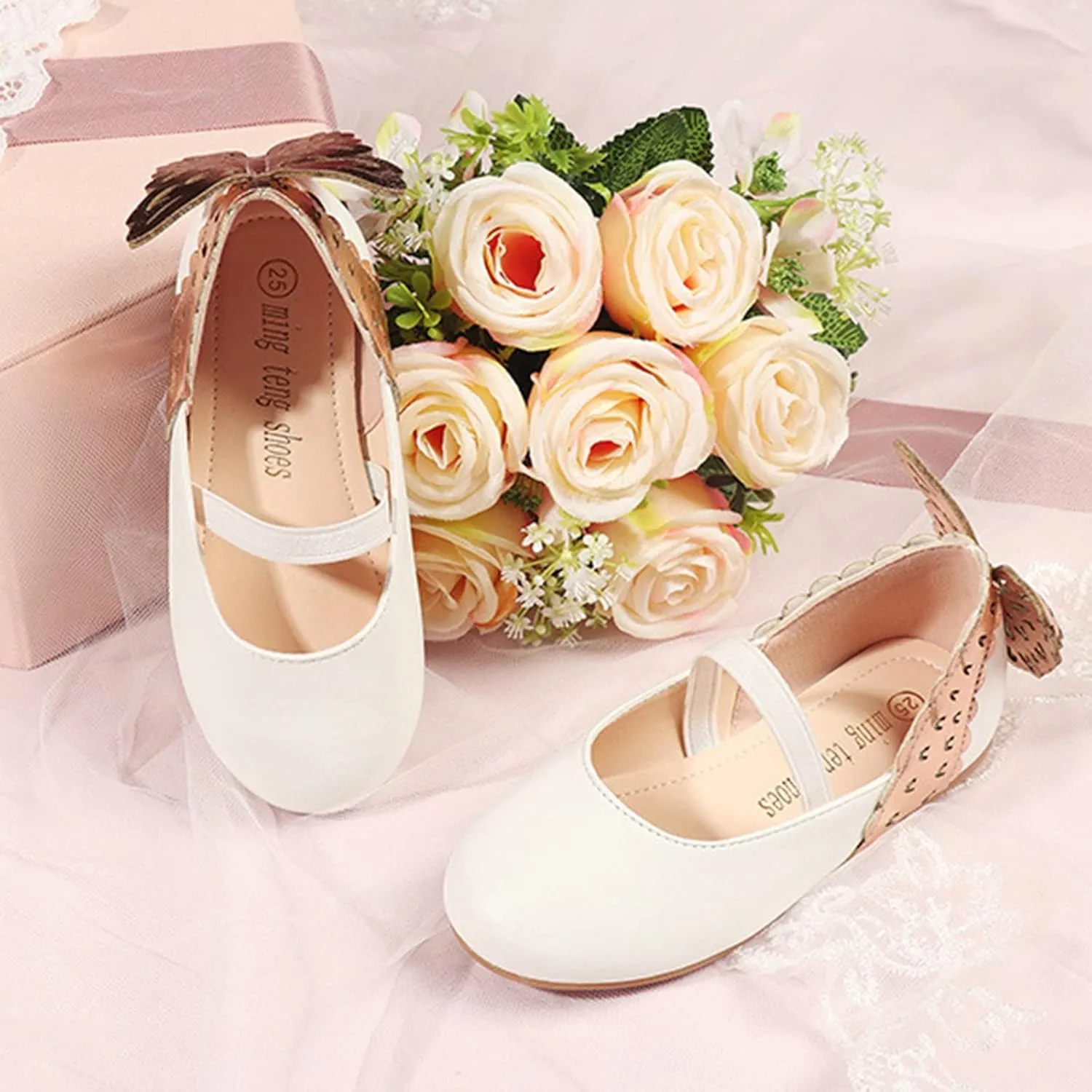 Children Girls' Loafers Sandals Leather Single Simple Wave Elastic Belt Shoes Children Butterfly Flat Dance Shoes