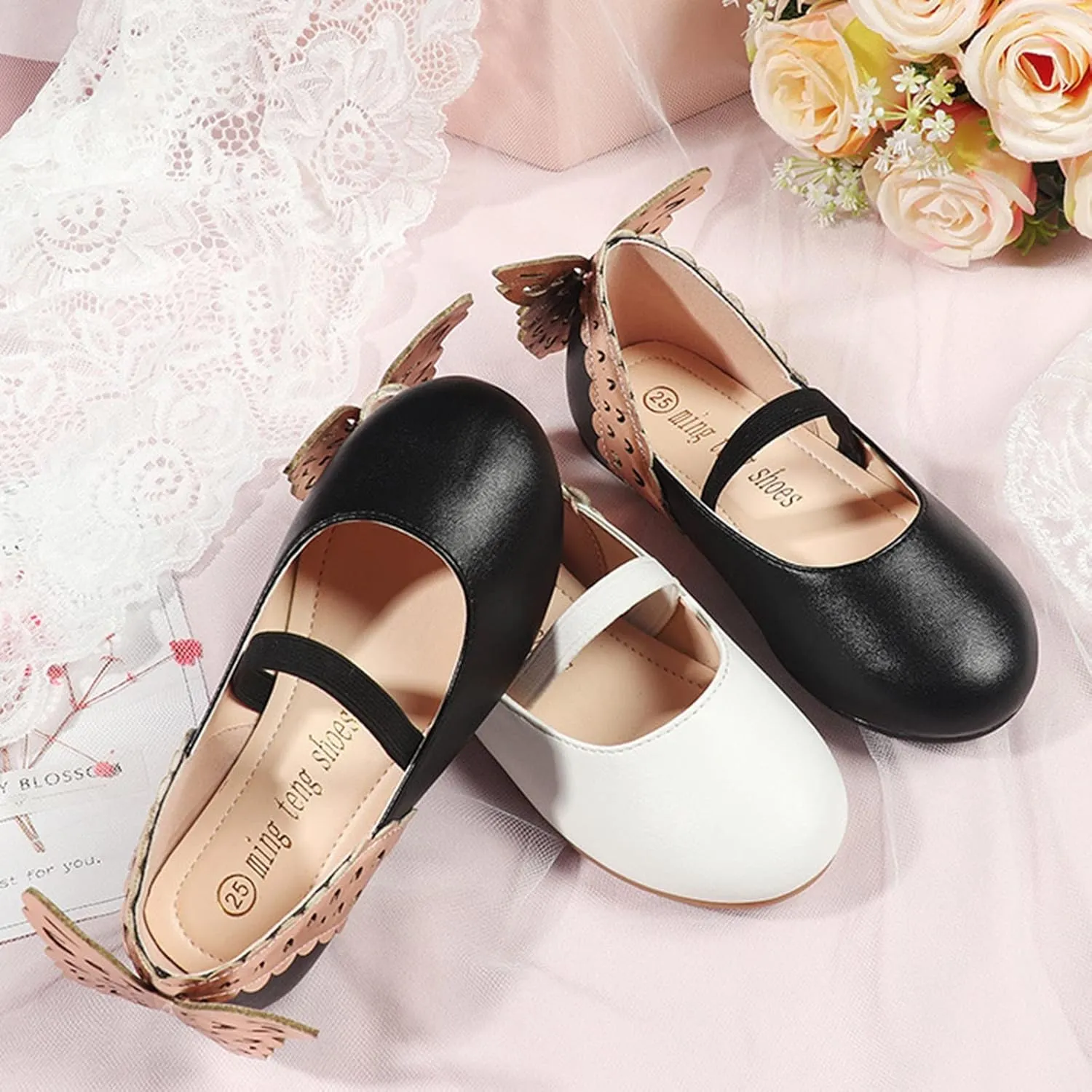 Children Girls' Loafers Sandals Leather Single Simple Wave Elastic Belt Shoes Children Butterfly Flat Dance Shoes