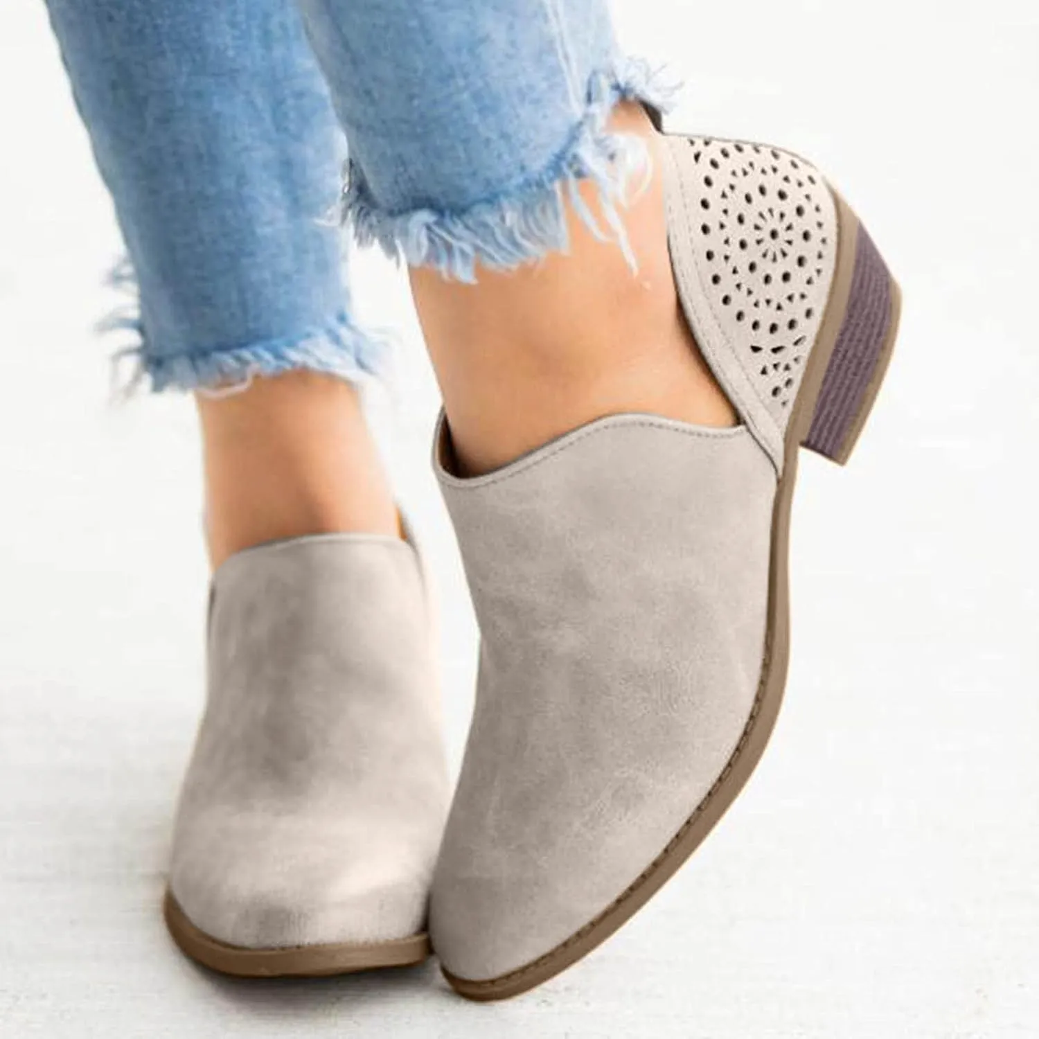Cowgirl Boots Women with Heel Wedges Ankle Booties Retro V Cutout Comfy Short Boots Flock Zip Closure Stacked Chunky Block Heels Shoes 52