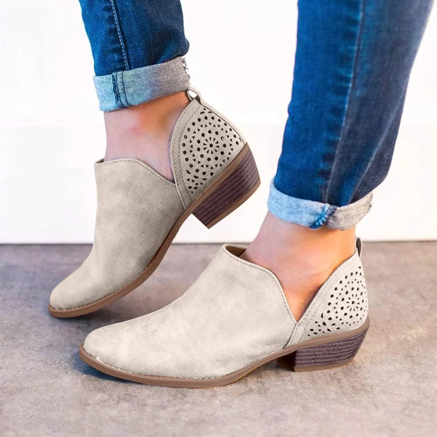 Cowgirl Boots Women with Heel Wedges Ankle Booties Retro V Cutout Comfy Short Boots Flock Zip Closure Stacked Chunky Block Heels Shoes 52