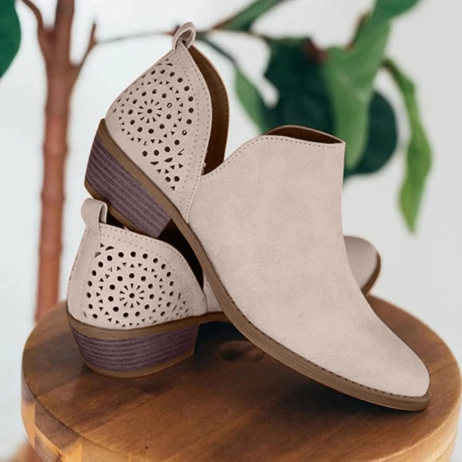 Cowgirl Boots Women with Heel Wedges Ankle Booties Retro V Cutout Comfy Short Boots Flock Zip Closure Stacked Chunky Block Heels Shoes 52