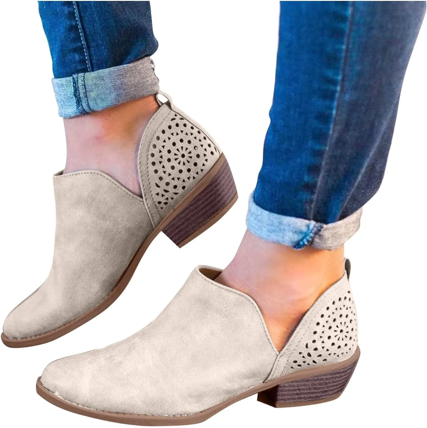 Cowgirl Boots Women with Heel Wedges Ankle Booties Retro V Cutout Comfy Short Boots Flock Zip Closure Stacked Chunky Block Heels Shoes 52