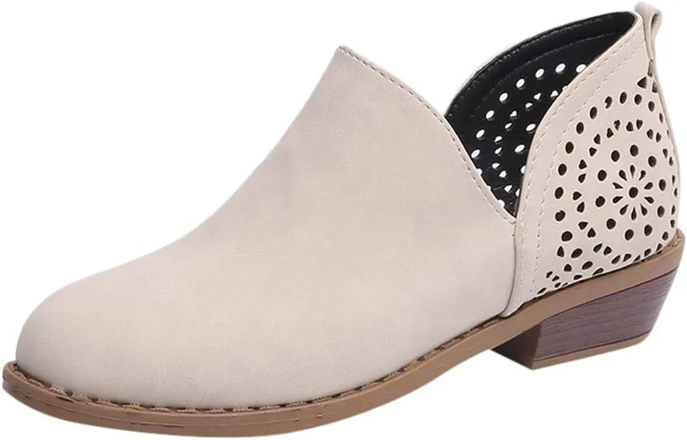 Cowgirl Boots Women with Heel Wedges Ankle Booties Retro V Cutout Comfy Short Boots Flock Zip Closure Stacked Chunky Block Heels Shoes 52