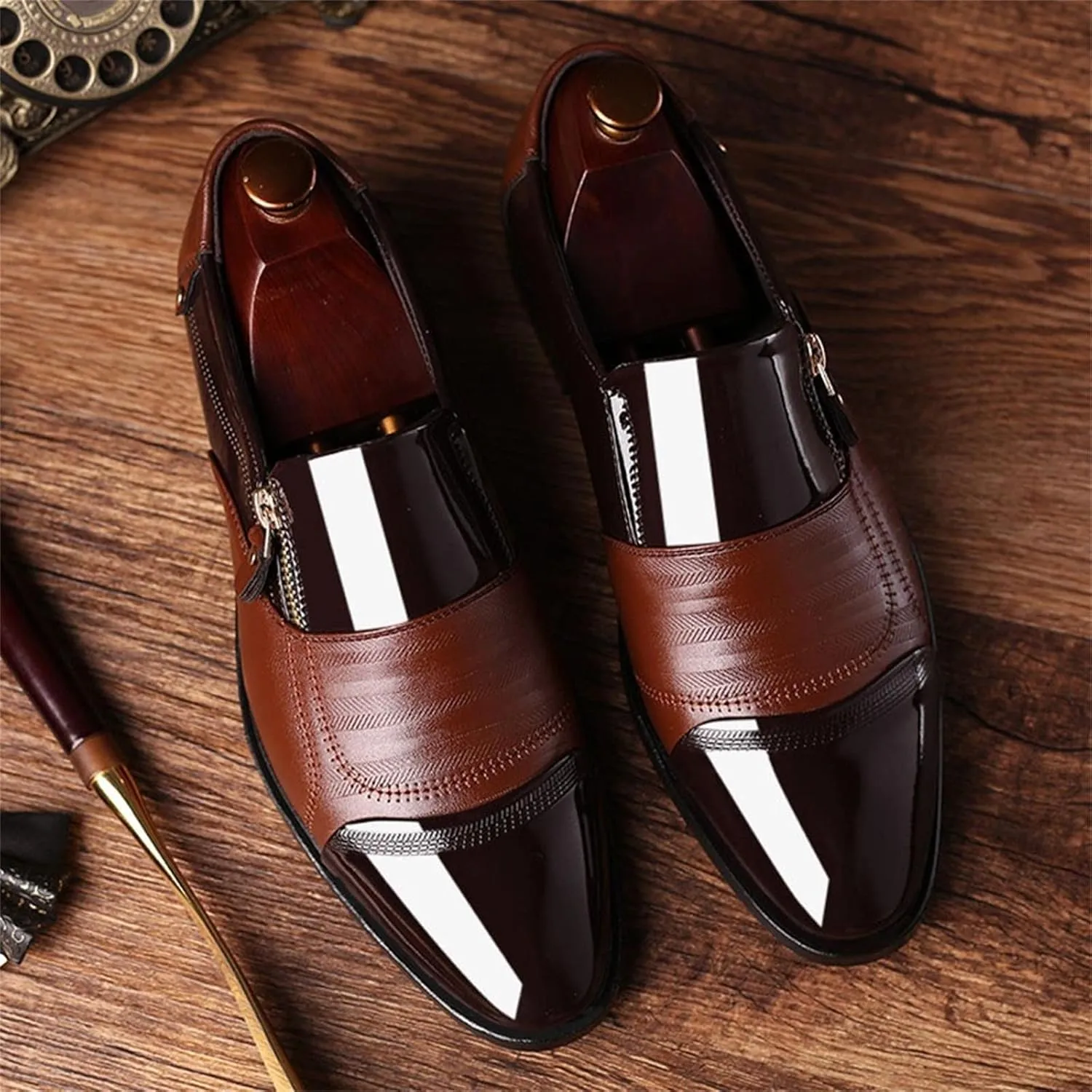 CsgrFagr Classical Style Men's Breathable Hollow Business Casual Pointed Shoes Synthetic Leather Dress Shoes Men (Brown, 11)