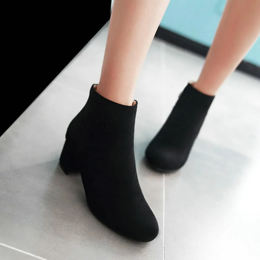 DINTAHA Suede Ankle Boots Chunky Low Heel Booties Round Toe Side Zip Up Fall Boots
