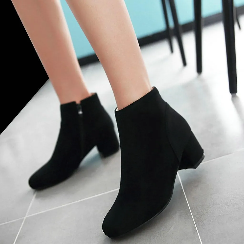DINTAHA Suede Ankle Boots Chunky Low Heel Booties Round Toe Side Zip Up Fall Boots