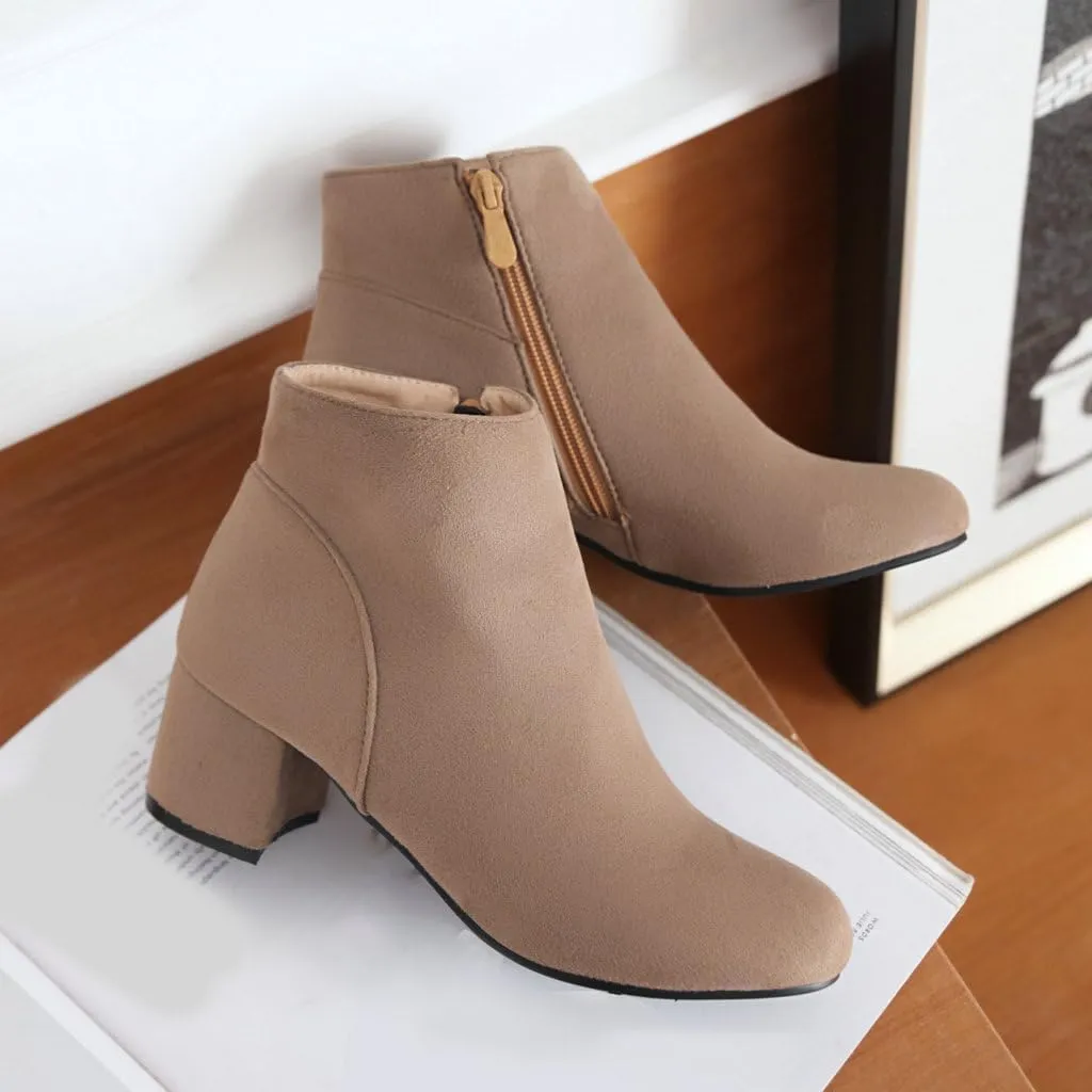 DINTAHA Suede Ankle Boots Chunky Low Heel Booties Round Toe Side Zip Up Fall Boots