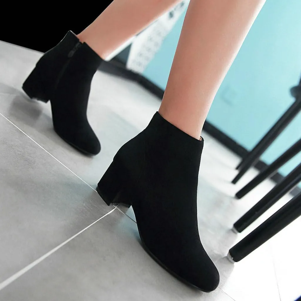 DINTAHA Suede Ankle Boots Chunky Low Heel Booties Round Toe Side Zip Up Fall Boots