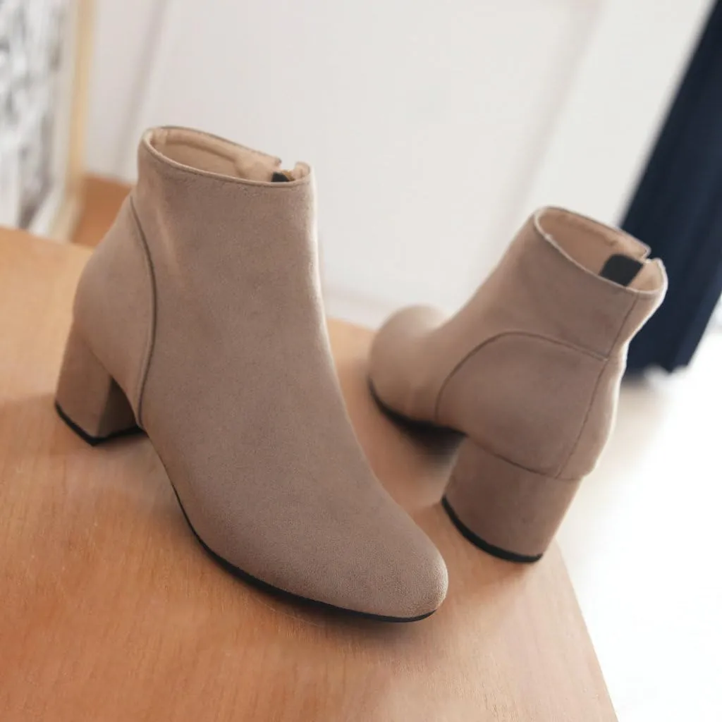 DINTAHA Suede Ankle Boots Chunky Low Heel Booties Round Toe Side Zip Up Fall Boots