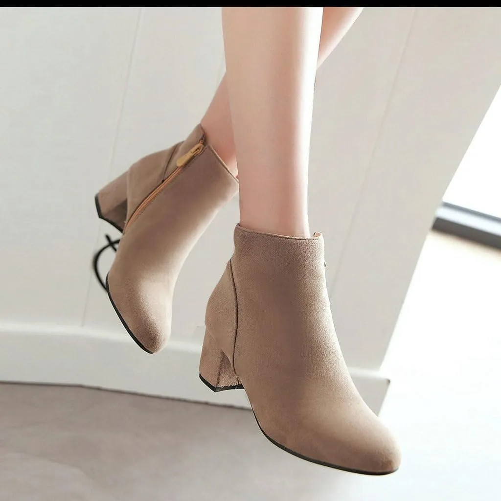 DINTAHA Suede Ankle Boots Chunky Low Heel Booties Round Toe Side Zip Up Fall Boots