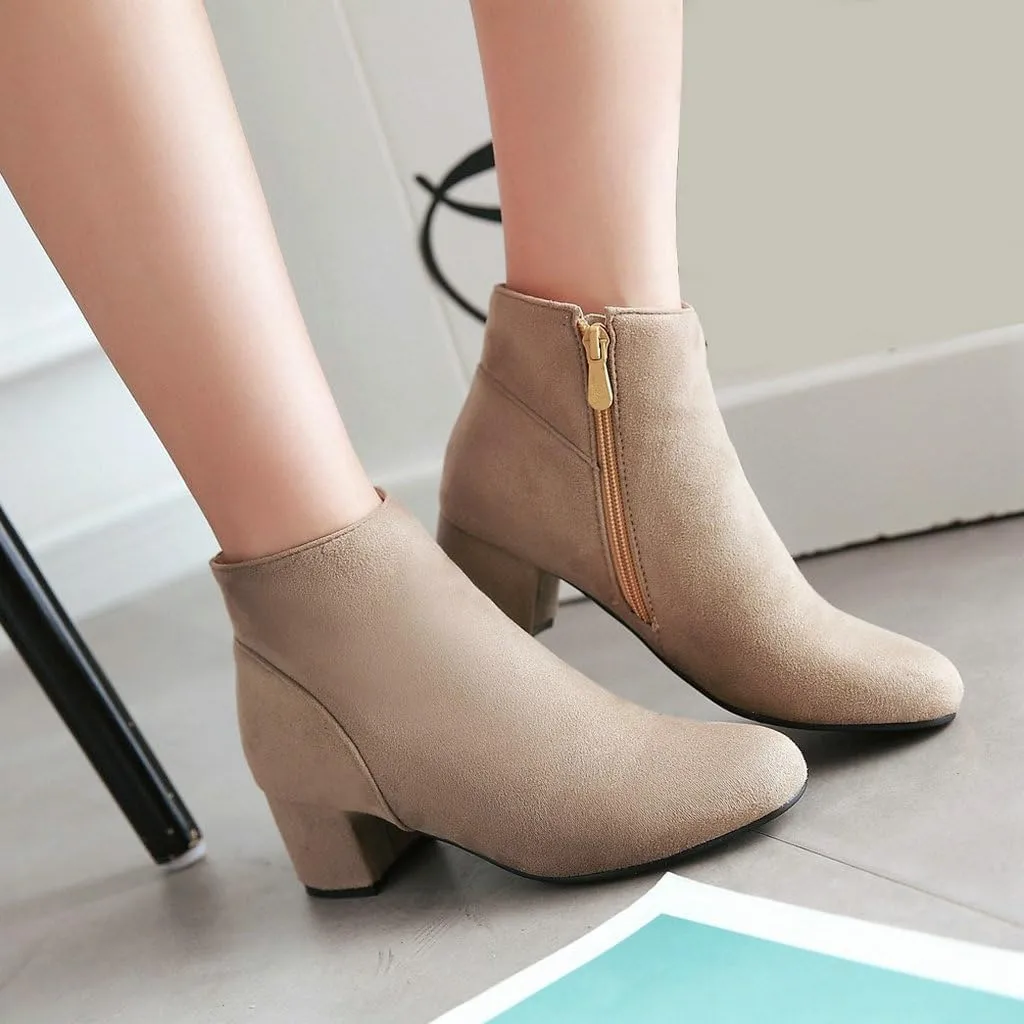 DINTAHA Suede Ankle Boots Chunky Low Heel Booties Round Toe Side Zip Up Fall Boots