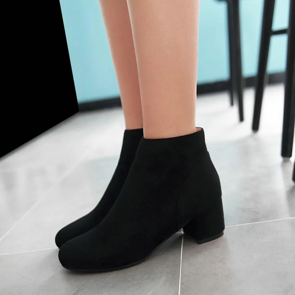 DINTAHA Suede Ankle Boots Chunky Low Heel Booties Round Toe Side Zip Up Fall Boots
