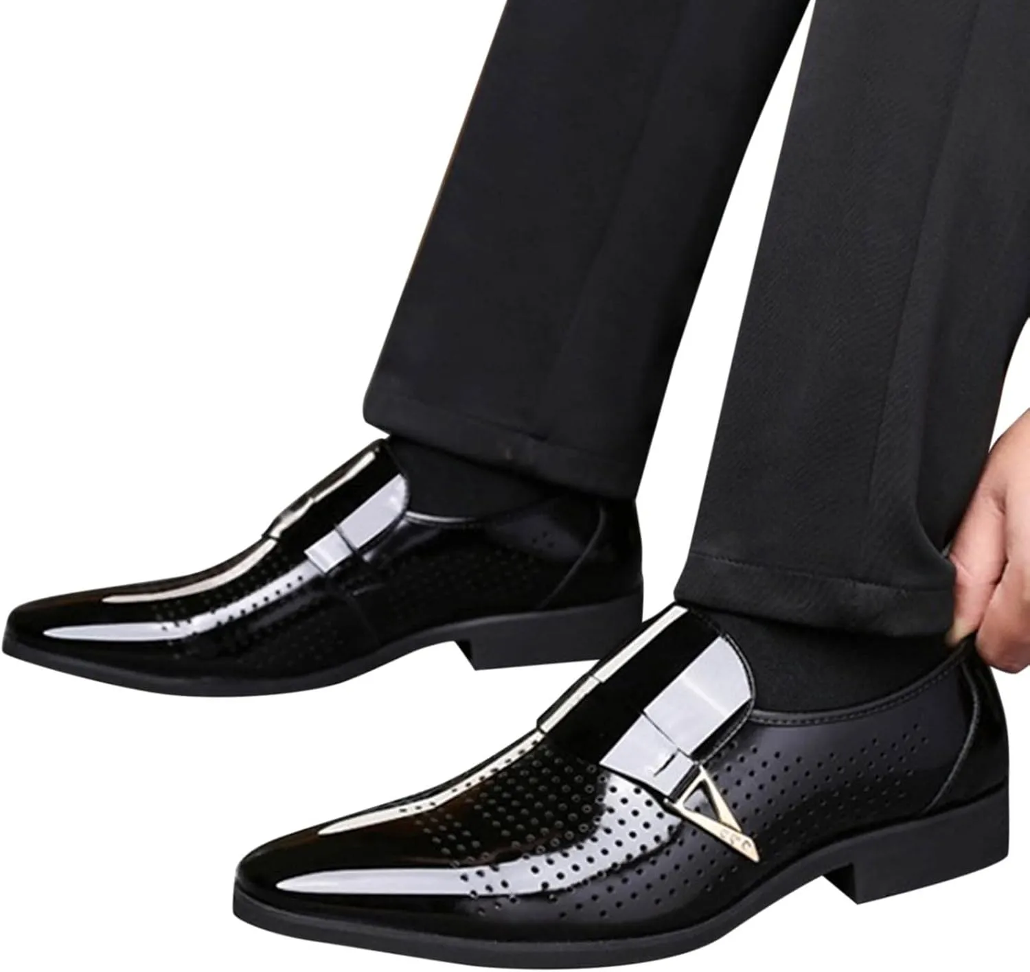 Dress Shoes for Men Fashion Leather Classic Style Men Leather Shoes Metal Buckle Shoes Diamond Cutout Breathable Business Casual Pointed Toe Leather Shoes Business Shoes for Men Wide