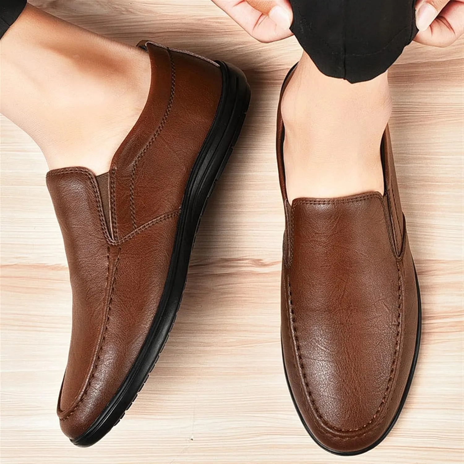 Driving Moccasins for Men Genuine Leather Round Toe Stitching Details Flat Heel Resistant Comfortable Flexible Soft Walking Slip On for Any Attire