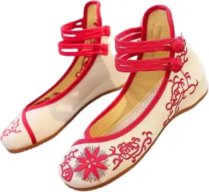 Embroidered Women Canvas Ballet Flats Ankle Strap Ladies Casual Cotton Chinese Embroidery Ballerina Shoes