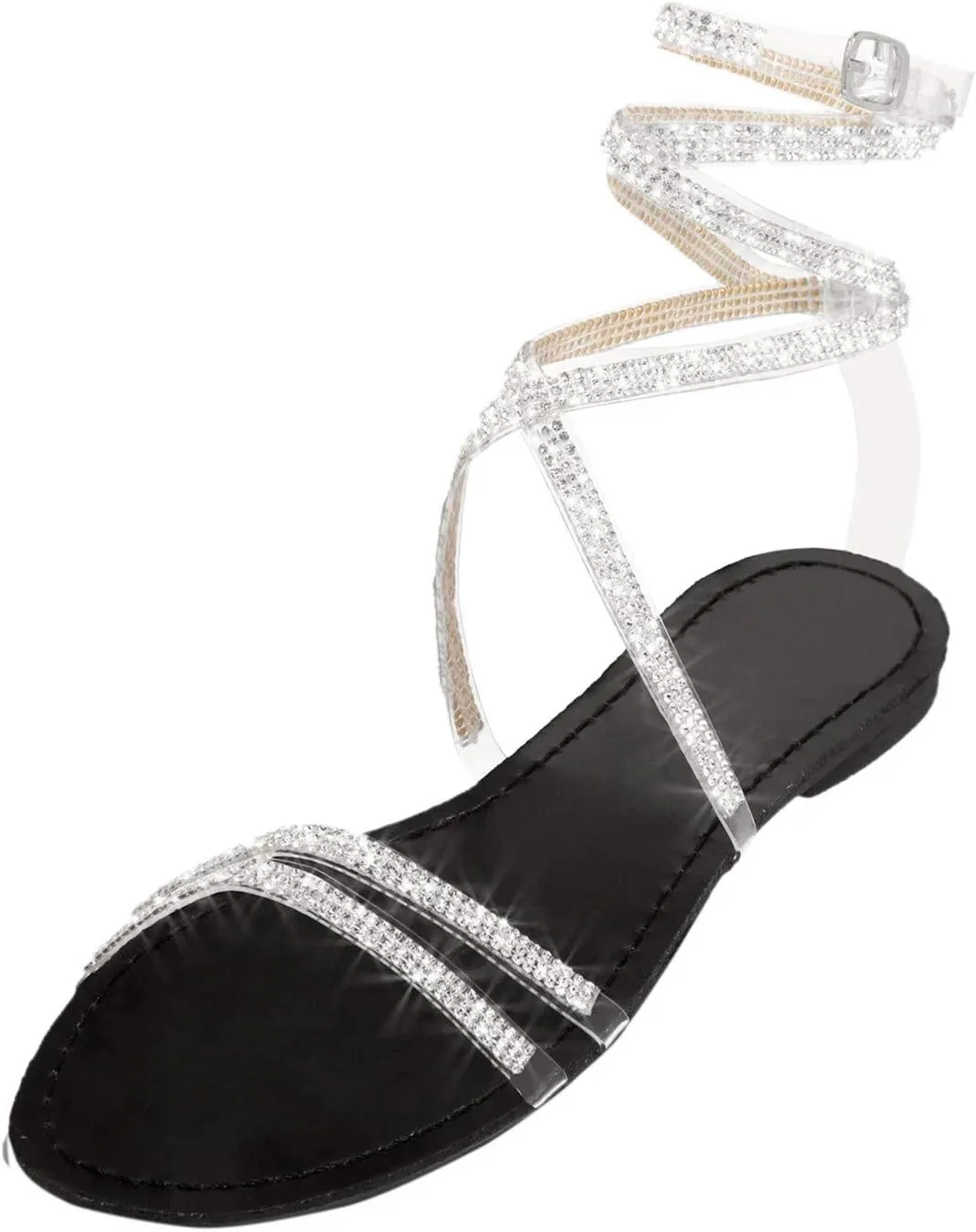 EMRELOD Sandals for Women Dressy Summer Flat Casual Summer Rhinestone Beaded Sparkly Bling Bohemian Lace Flower Sandal Comfortable Elastic Ankle Strap Beach Shoes (05-Black, 7)