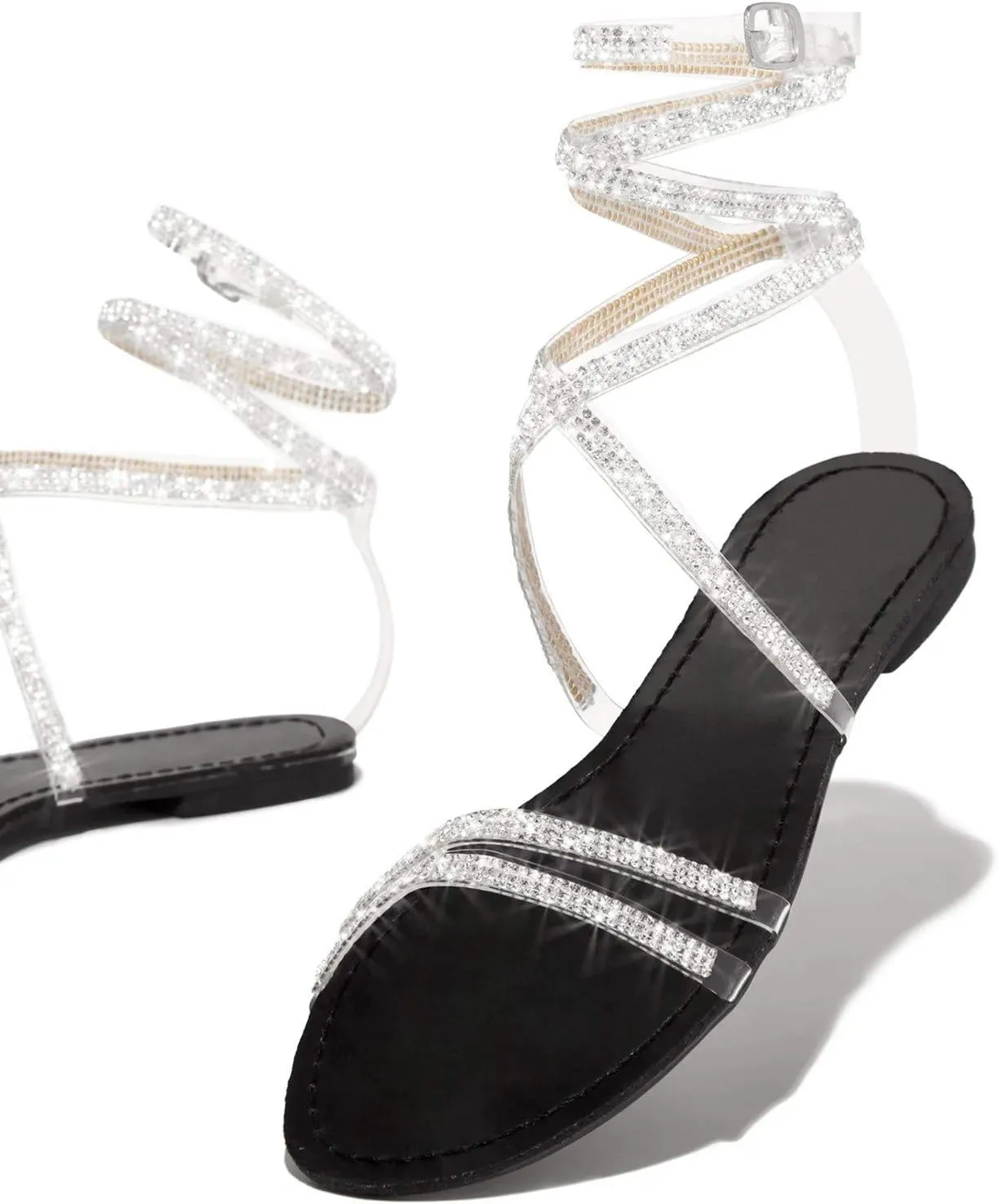 EMRELOD Sandals for Women Dressy Summer Flat Casual Summer Rhinestone Beaded Sparkly Bling Bohemian Lace Flower Sandal Comfortable Elastic Ankle Strap Beach Shoes (05-Black, 7)