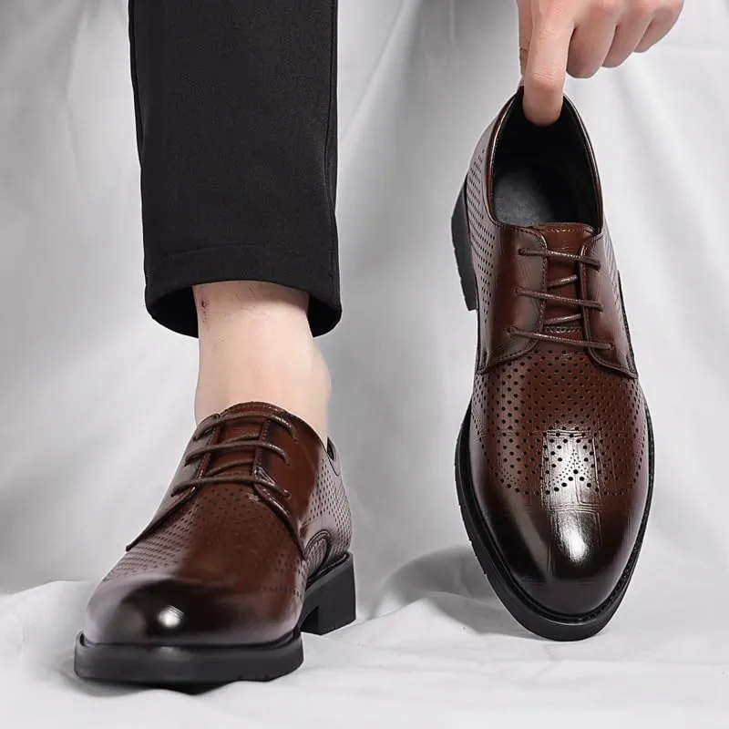 Fashionable Casual Lace-up Men Shoes Summer Hollowout Breathable Business Dress Leather Shoes Lightweight Comfortable Oxford