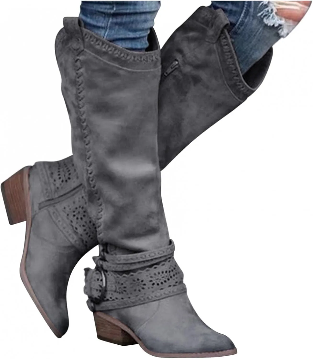Gibobby Boots for Womens Mid Knee High Boots Chunky Heel Wide Calf Side Zipper Fashion Winter Shoes Cowboy Booties