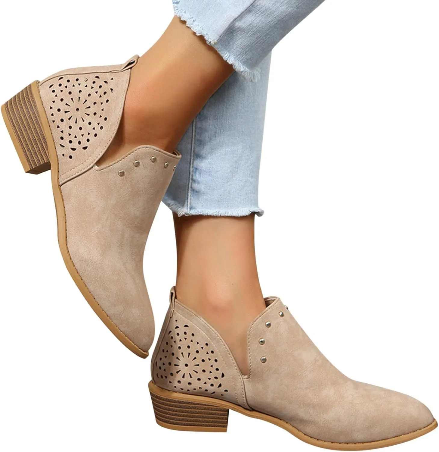 Gibobby Womens Boots Low Heel,Retro V Cutout Short Warm Boots Closed Toe Low Heel Combat Western Shoes