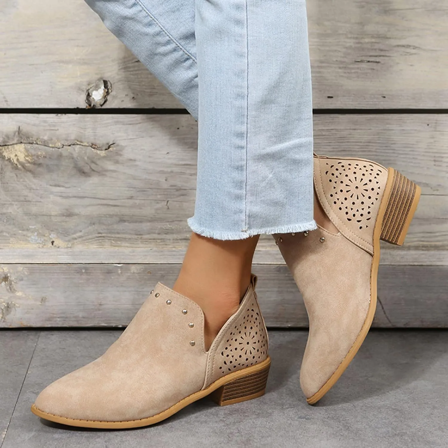 Gibobby Womens Boots Low Heel,Retro V Cutout Short Warm Boots Closed Toe Low Heel Combat Western Shoes