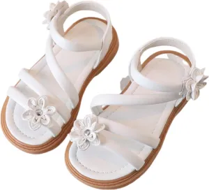 Girl Sandals Strappy Gladiator Comfort Summer Rubber Sole Shoes with Sun Flower Cute Toddler Sandals Brown