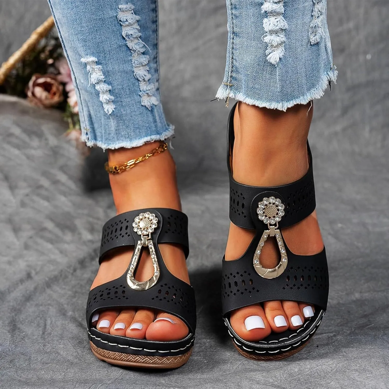 Heeled Sandals for Women Chunky Block Low Heels Open Toe Slip On Slides Summer Comfort Dressy Platform Pumps Shoes