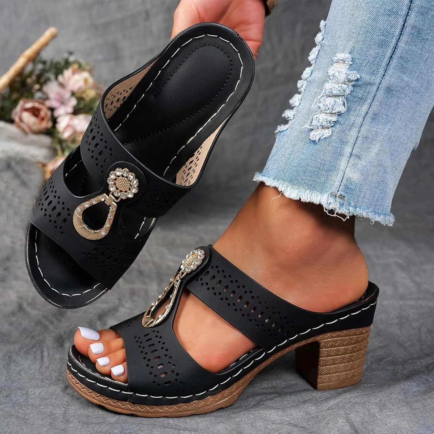 Heeled Sandals for Women Chunky Block Low Heels Open Toe Slip On Slides Summer Comfort Dressy Platform Pumps Shoes