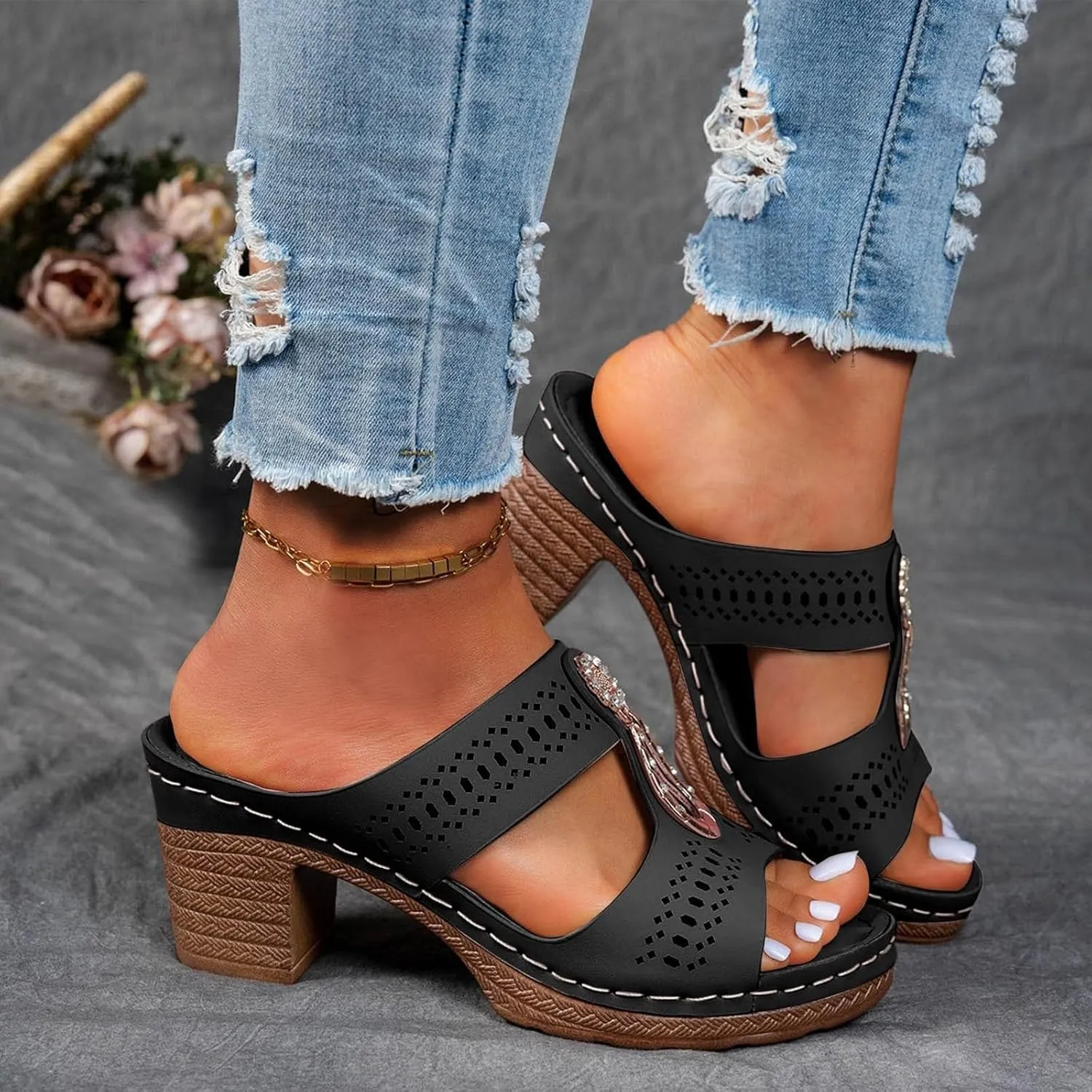 Heeled Sandals for Women Chunky Block Low Heels Open Toe Slip On Slides Summer Comfort Dressy Platform Pumps Shoes