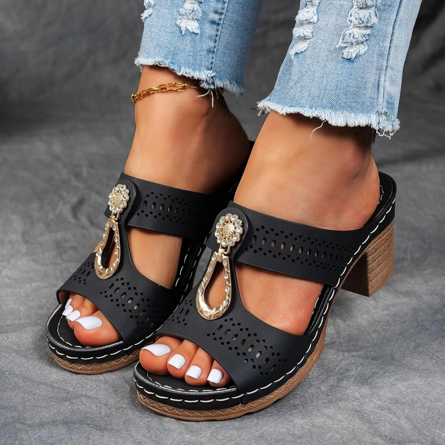 Heeled Sandals for Women Chunky Block Low Heels Open Toe Slip On Slides Summer Comfort Dressy Platform Pumps Shoes