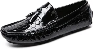 HOOENG Driving Moccasins Smoking Loafer for Men Genuine Leather Round Toe Tassel Patent Leather Hexagon Embossed Comfortable Resistant Flat Heel Soft Casual (Color : Black, Size : 7.5 M US)