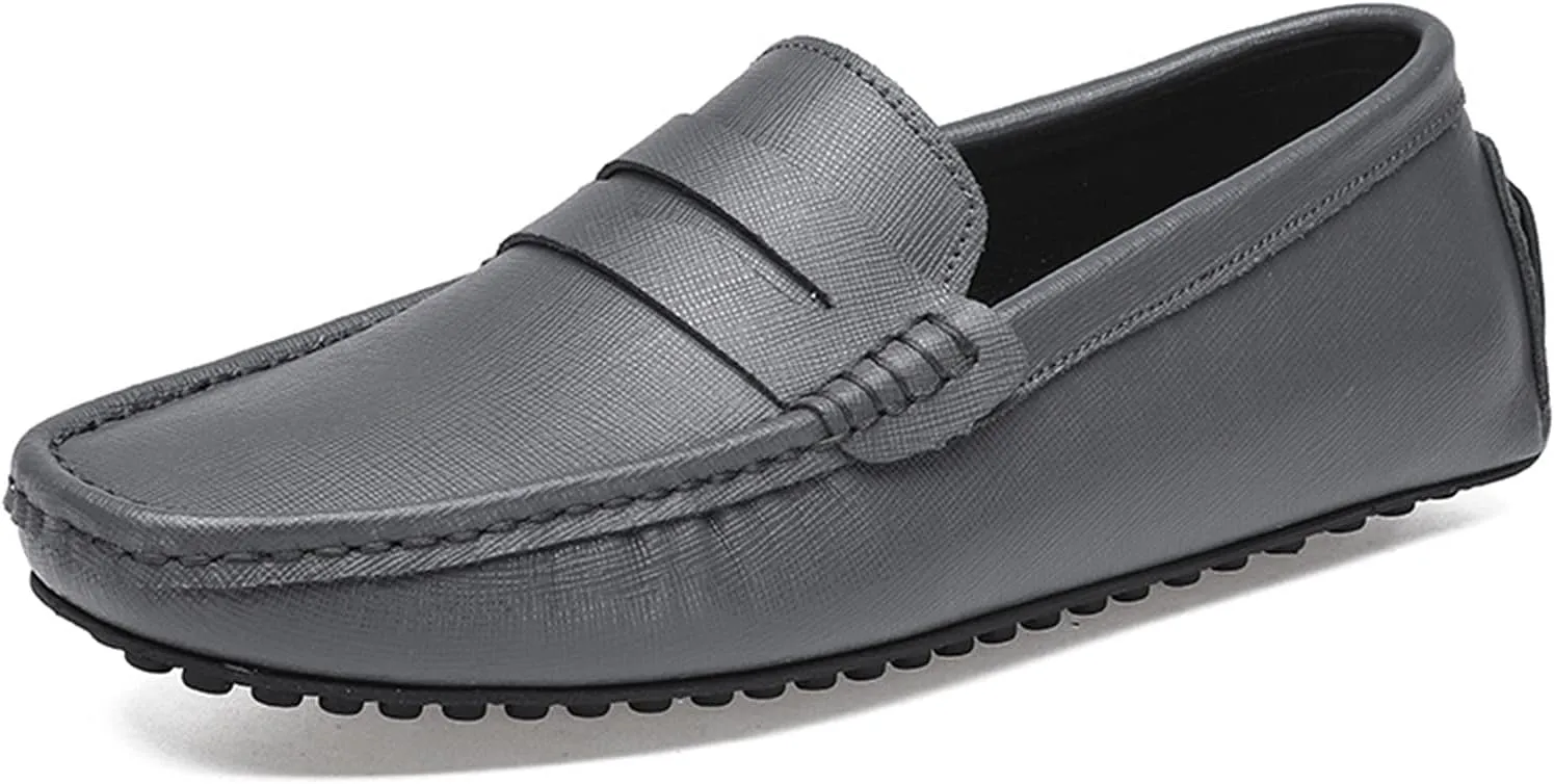 HOOENG Smoking Loafer for Men Genuine Leather Stitching Details Penny Loafer Flexible Resistant Soft Driving Slip on (Color : Grey, Size : 9)