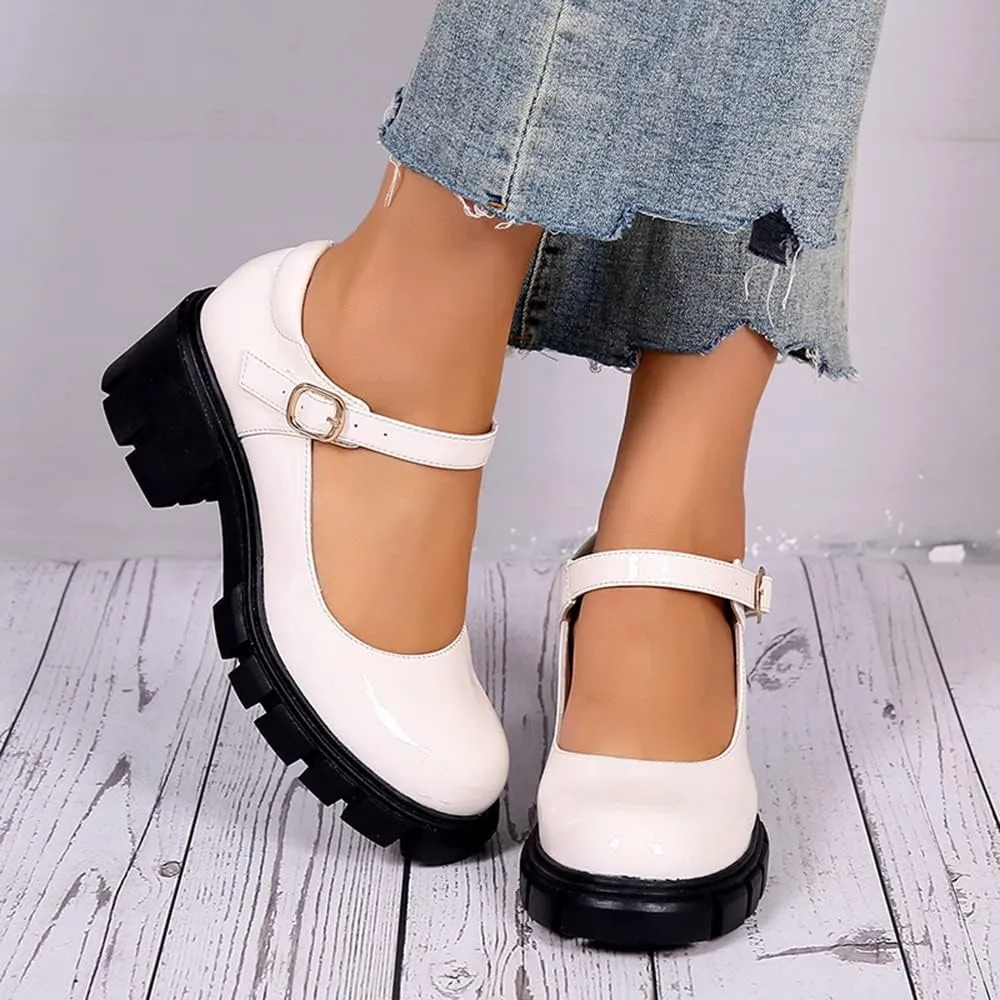 JITUUE Stylish Women's Chunky Heel Loafers Platform Patent Leather Niujin Shoes Casual Comfortable Flats Oxfords Shoes Black
