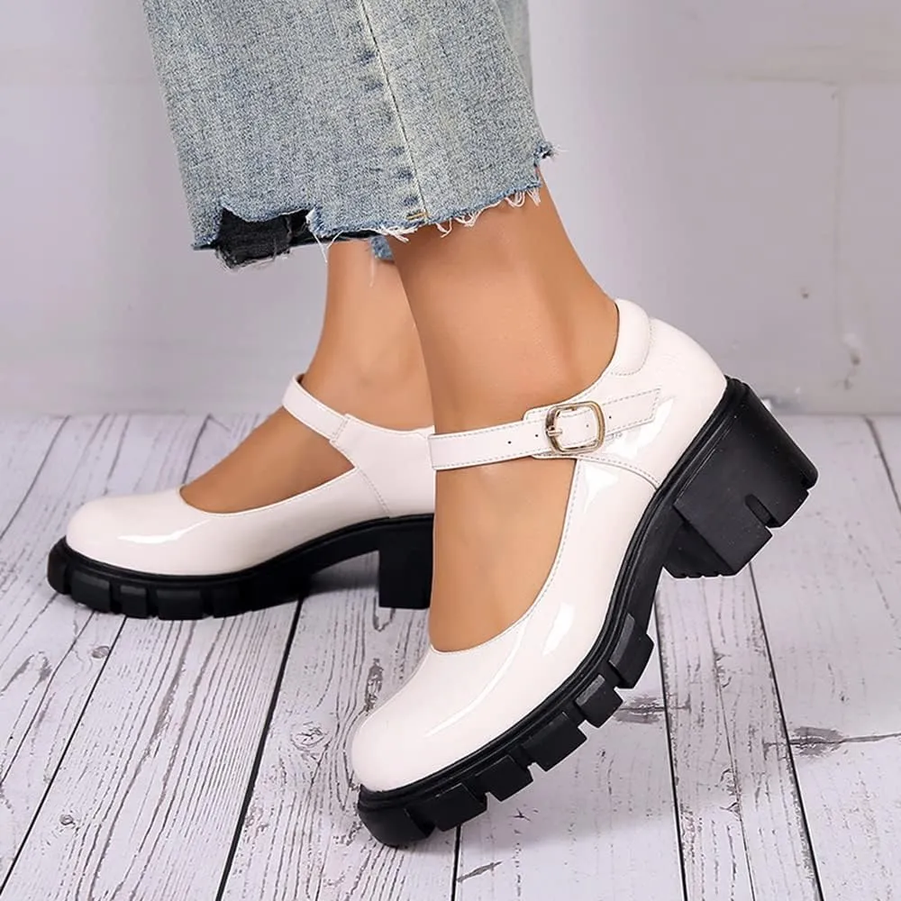 JITUUE Stylish Women's Chunky Heel Loafers Platform Patent Leather Niujin Shoes Casual Comfortable Flats Oxfords Shoes Black