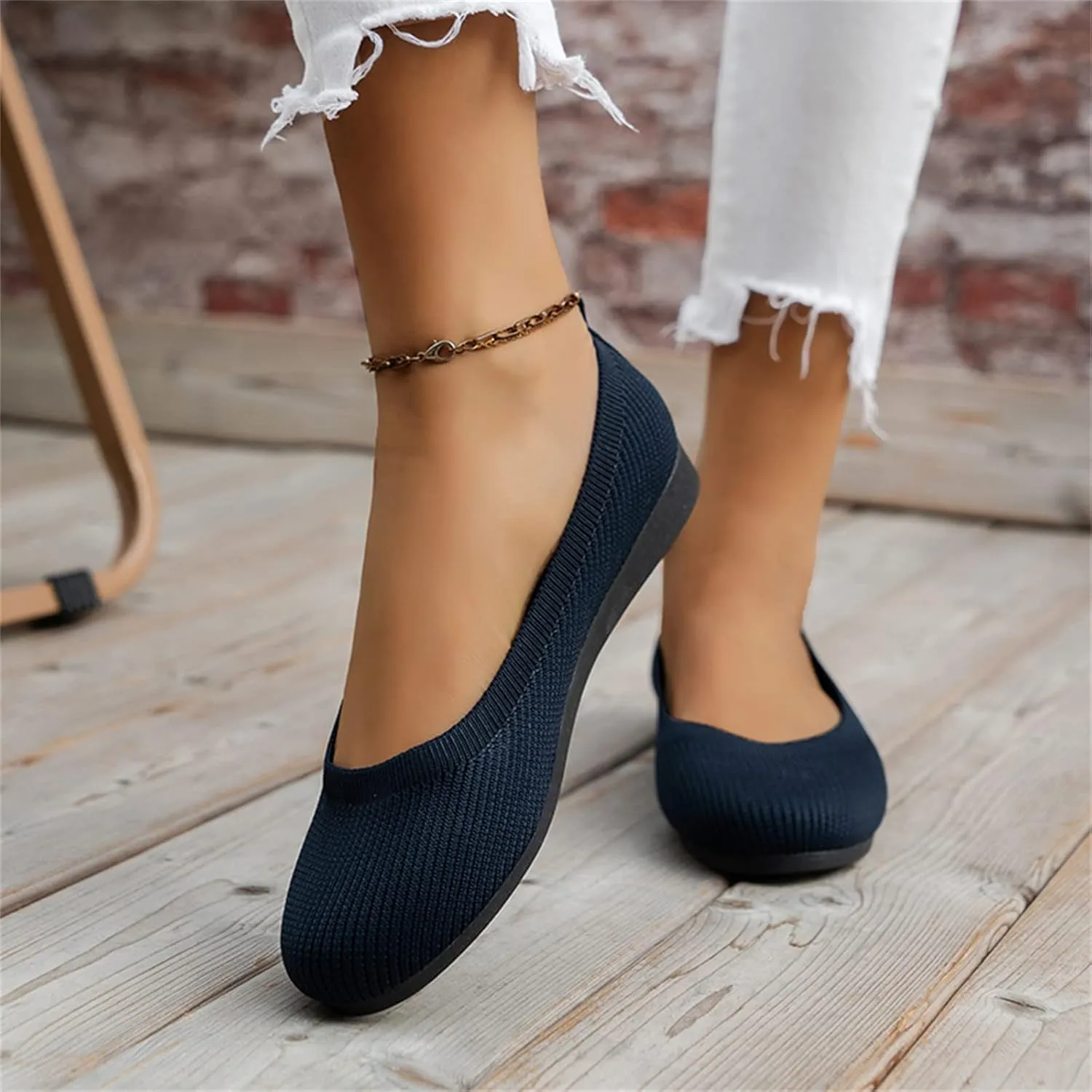 Ladies Fashion Solid Color Breathable Knitting Round Head Flat Comfortable Casual Single Shoes Cute Wedges Women Dressy