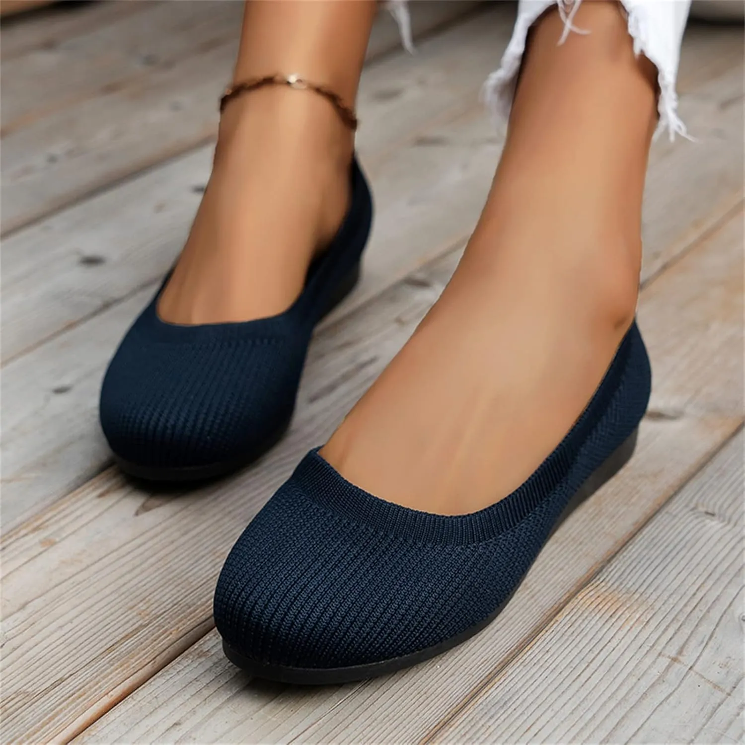 Ladies Fashion Solid Color Breathable Knitting Round Head Flat Comfortable Casual Single Shoes Cute Wedges Women Dressy