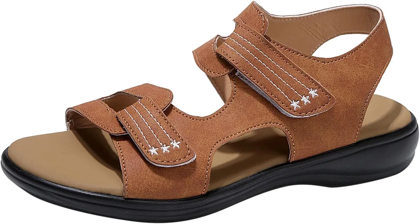 Ladies Fashion Summer Leopard Print Leather Open Toe Hook Loop Flat Sandals Womens Comfortable Sandals