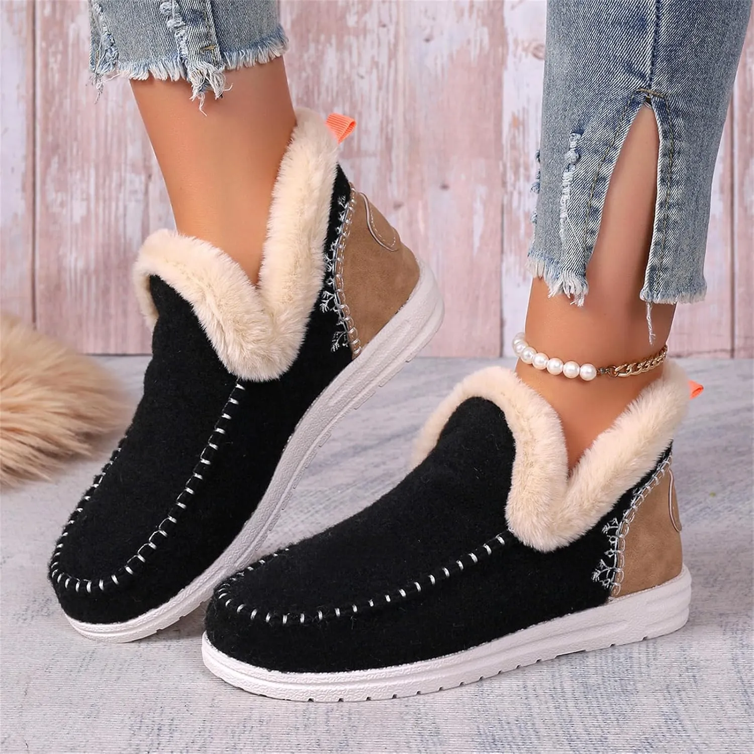 Ladmiple Booties For Women 2024 Warm Fur Lined Winter Snow Ankle Boots Outdoor Short Booties Fashion Slip On Loafers Shoes