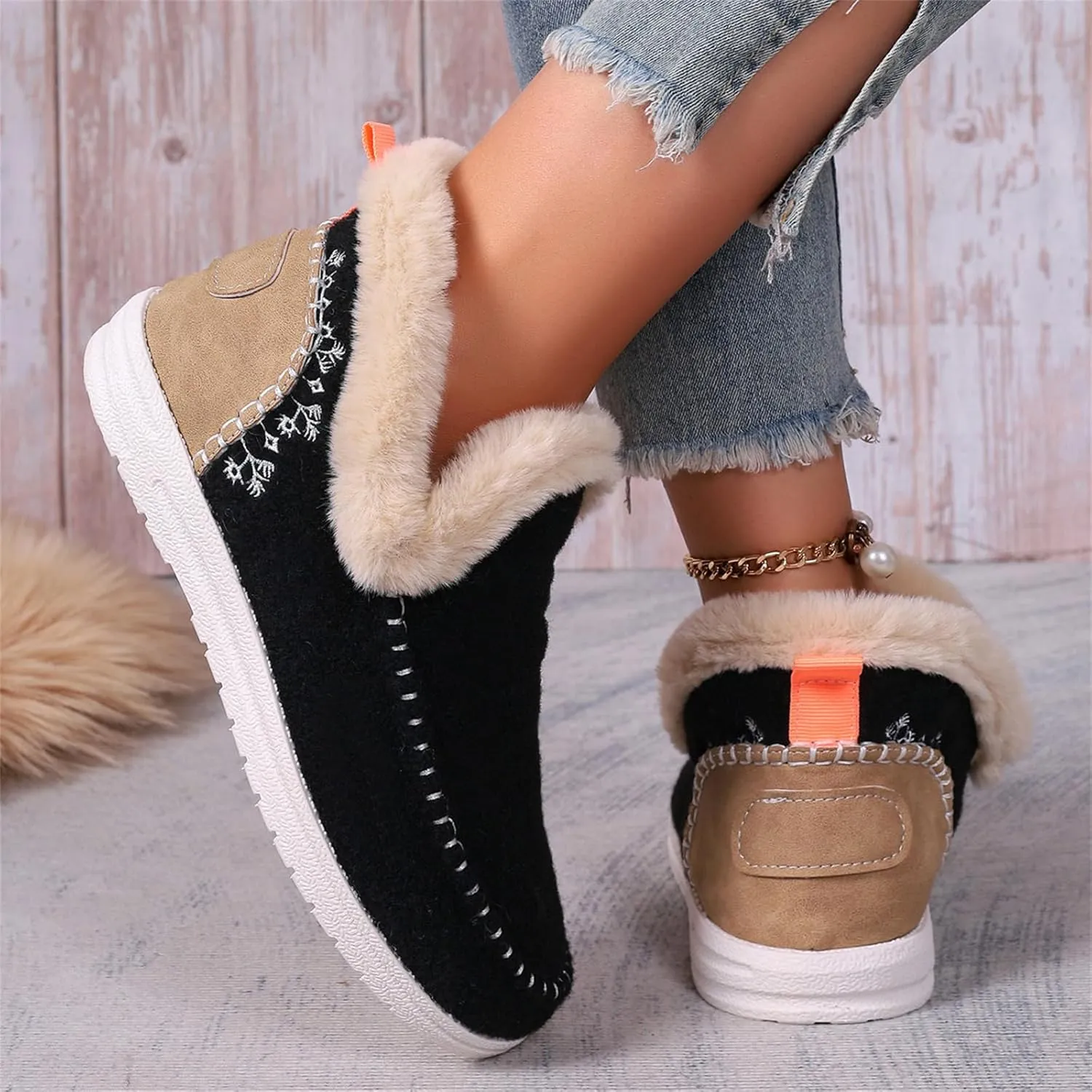 Ladmiple Booties For Women 2024 Warm Fur Lined Winter Snow Ankle Boots Outdoor Short Booties Fashion Slip On Loafers Shoes